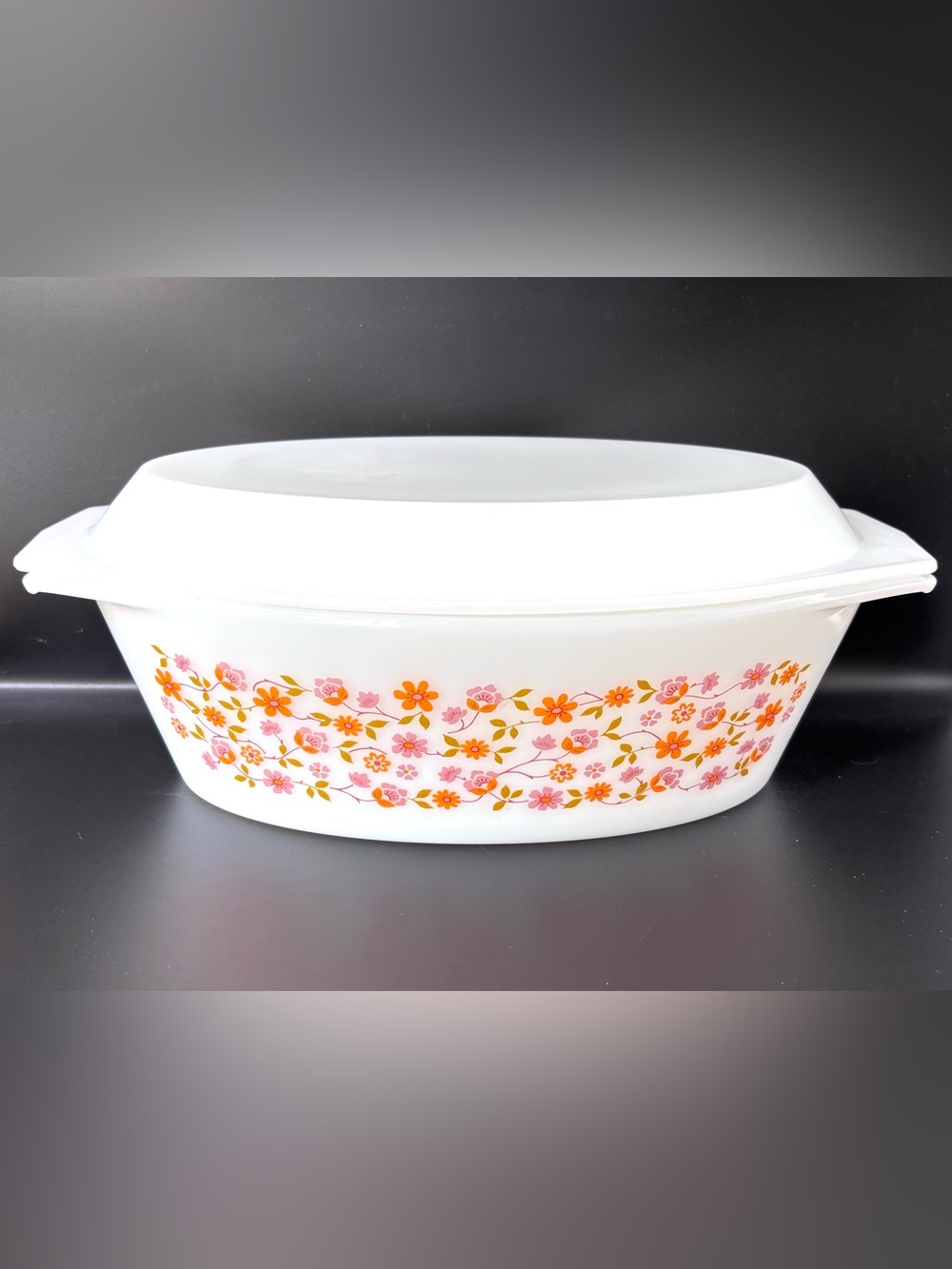 Arcopal France Large Oval 12” Casserole Dish & Lid, Scania Floral, Milk Glass